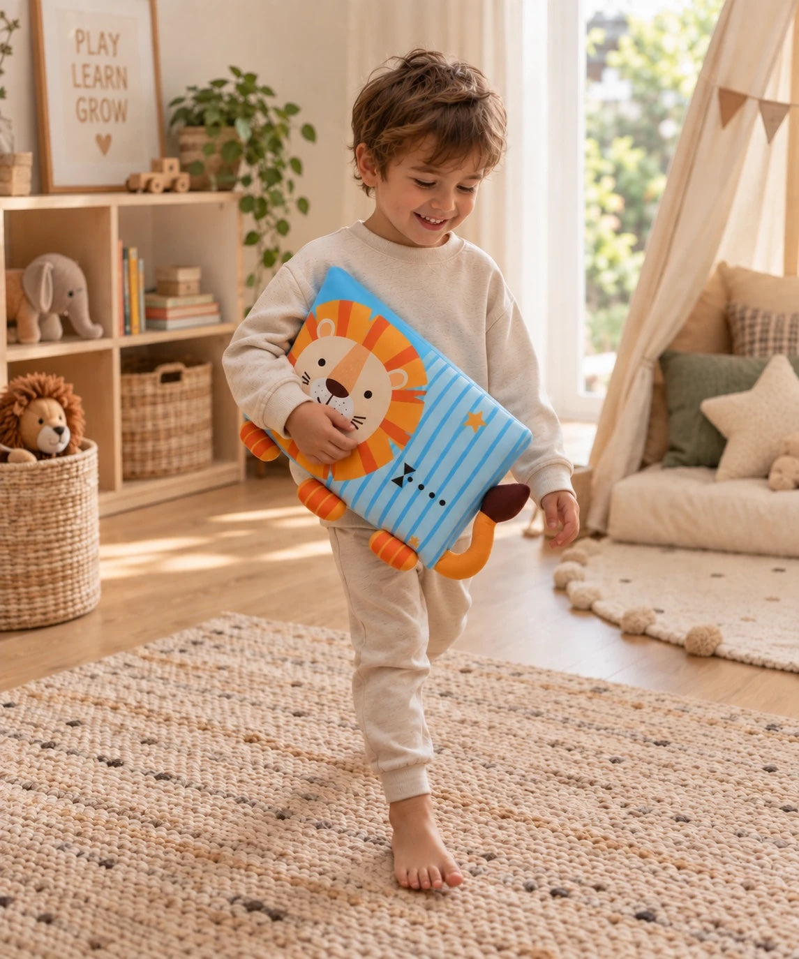Un enfant souriant emporte son oreiller DREAMLION dans sa chambre