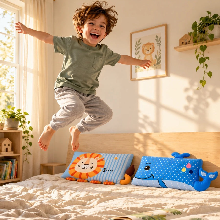 Un petit garçon saute de joie sur son lit au réveil, à côté de ses oreillers DREAMZOO lion et baleine