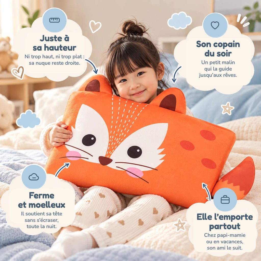 Oreiller enfant DREAMFOX™ : juste à sa hauteur, ferme et moelleux, son copain du soir qu'elle emporte partout