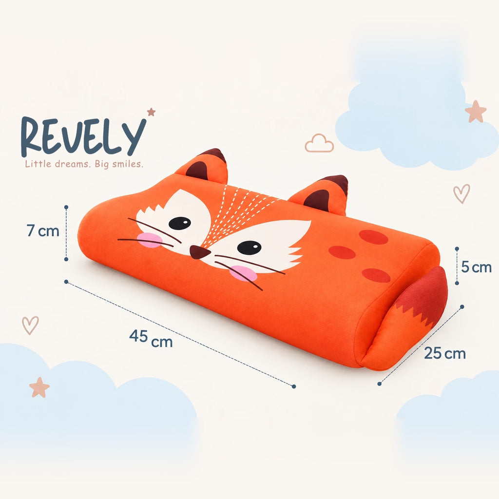 Dimensions de l'oreiller DREAMFOX™ : 45 × 25 cm, un côté de 7 cm et un côté de 5 cm de haut