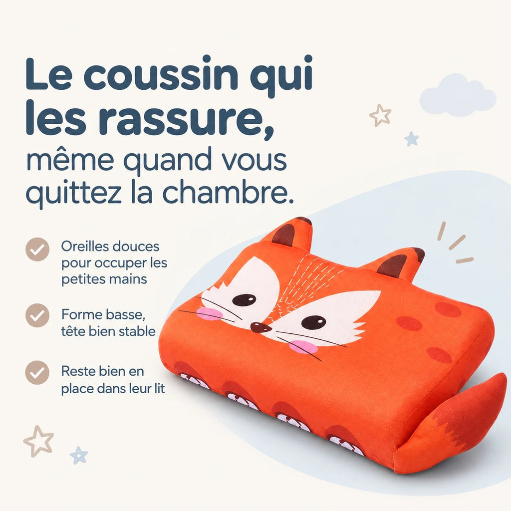 DREAMFOX, le coussin renard qui rassure : oreilles douces, forme basse, reste en place dans le lit