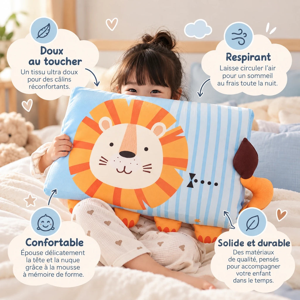 Oreiller enfant DREAMLION™ : doux au toucher, respirant, confortable grâce à la mousse à mémoire de forme, solide et durable