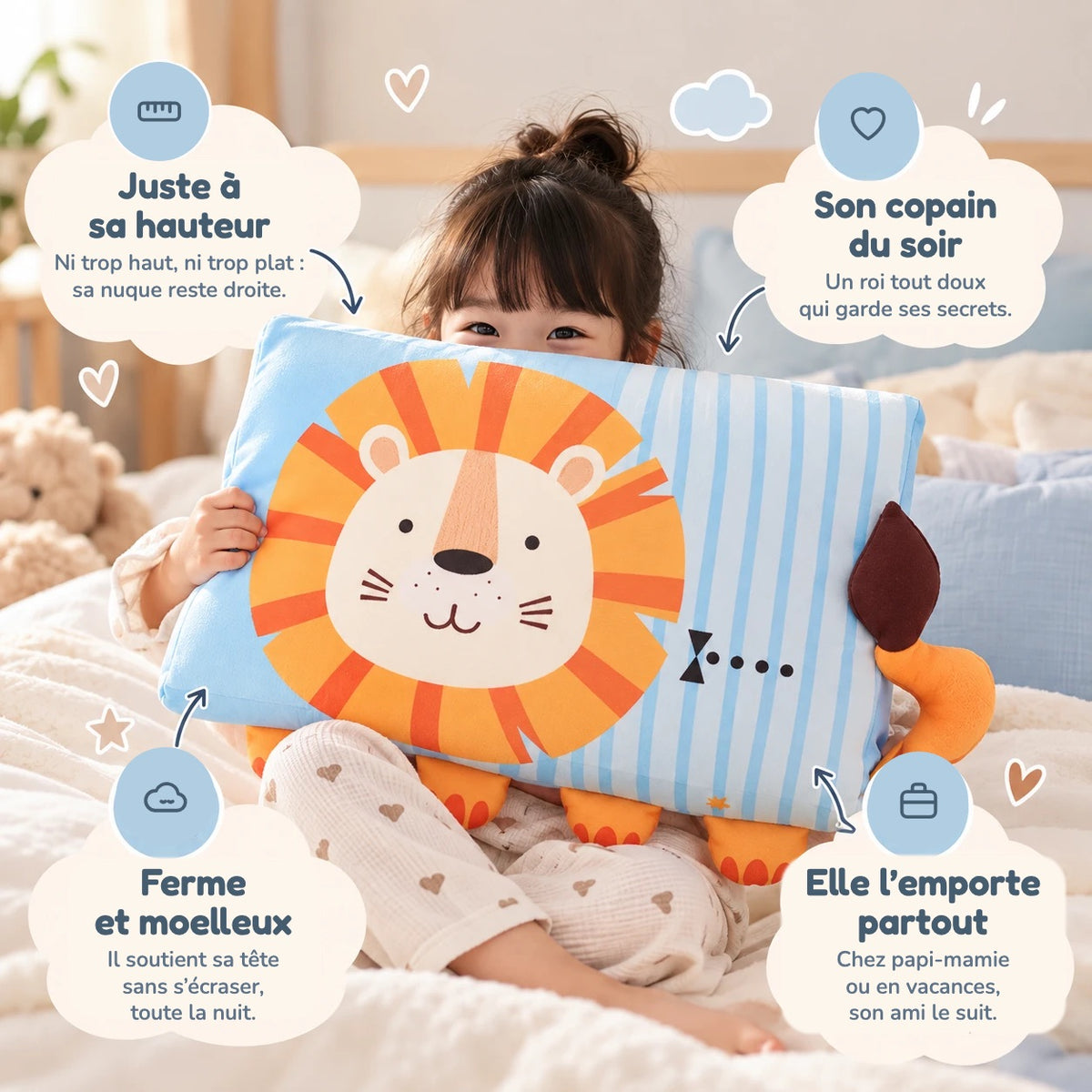 Oreiller enfant DREAMLION™ : juste à sa hauteur, ferme et moelleux, son copain du soir qu'elle emporte partout
