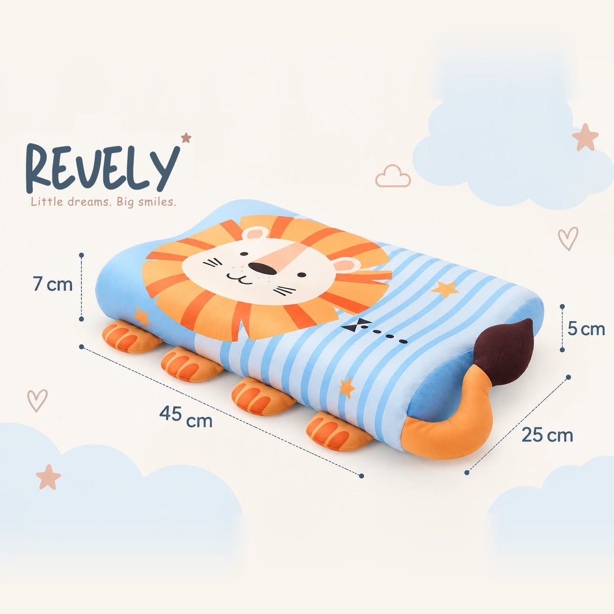 Dimensions de l'oreiller DREAMLION™ : 45 × 25 cm, un côté de 7 cm et un côté de 5 cm de haut
