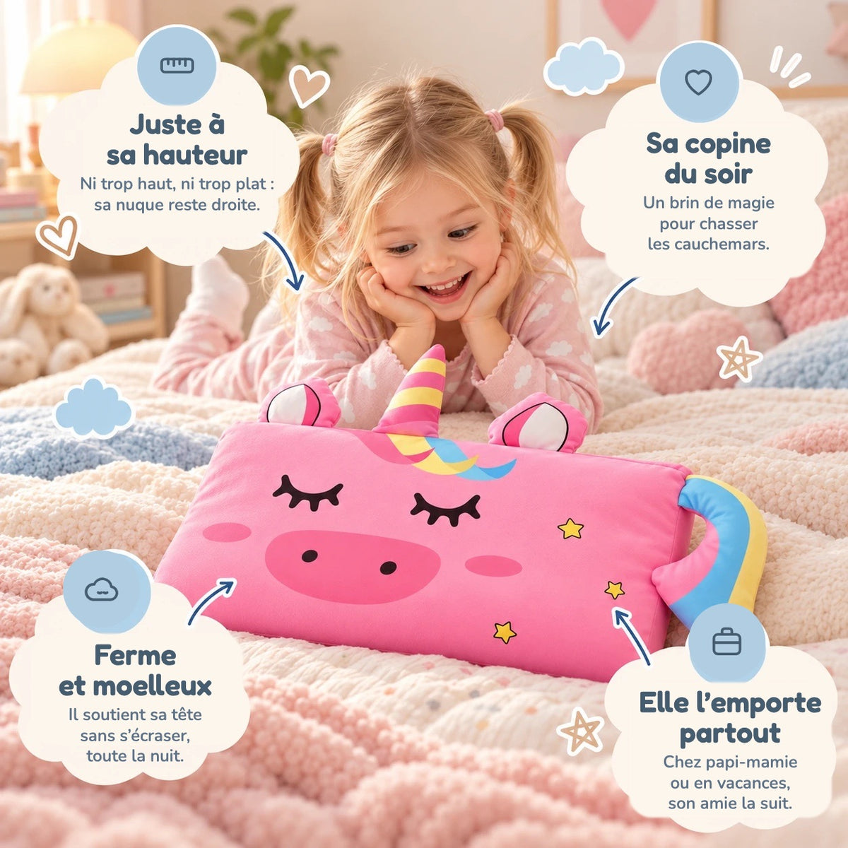 Oreiller enfant DREAMUNICORN™ : juste à sa hauteur, ferme et moelleux, sa copine du soir qu'elle emporte partout