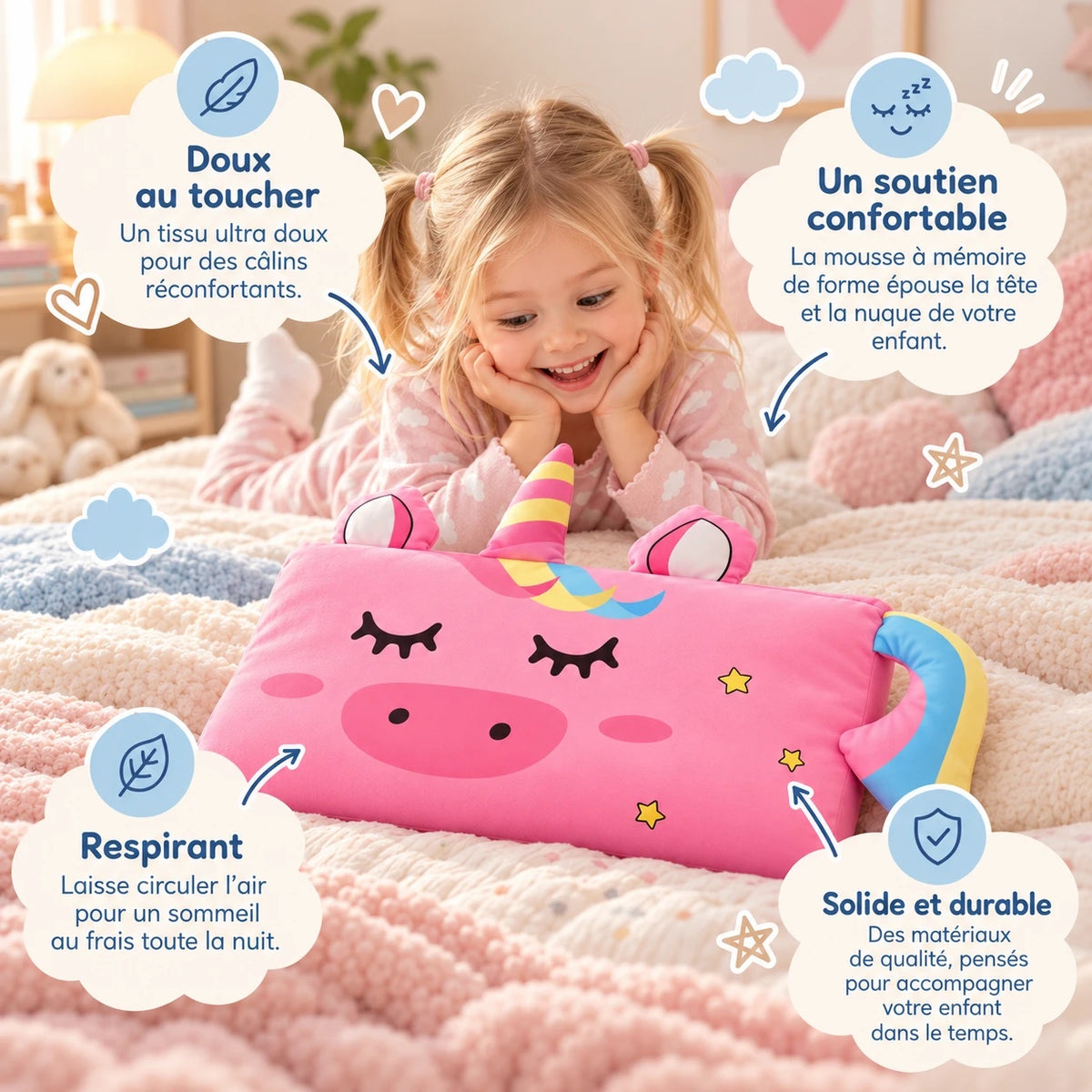 Oreiller DREAMUNICORN™ : doux au toucher, soutien confortable en mousse à mémoire de forme, respirant, solide et durable