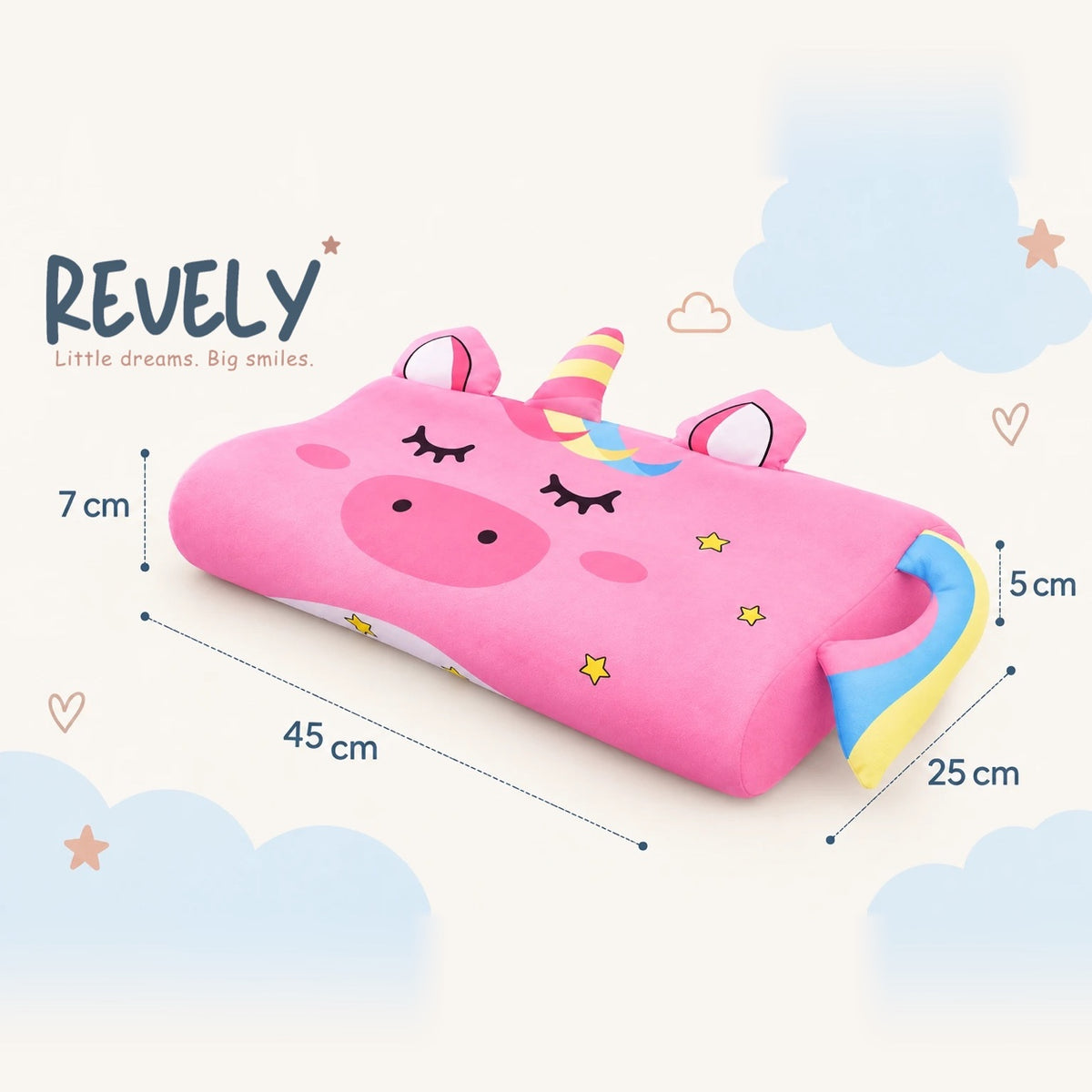 Dimensions de l'oreiller DREAMUNICORN™ : 45 × 25 cm, un côté de 7 cm et un côté de 5 cm de haut