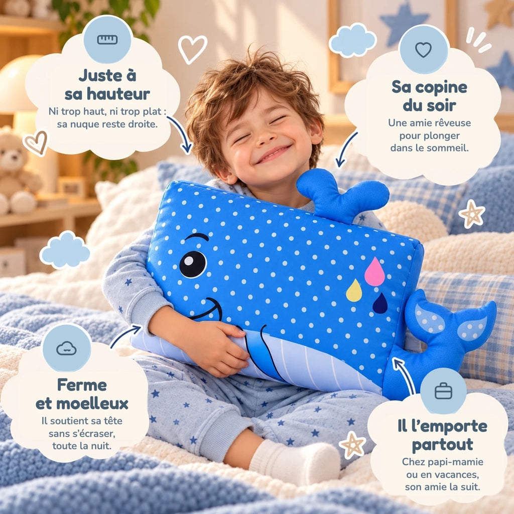 Oreiller enfant DREAMWHALE™ : juste à sa hauteur, ferme et moelleux, sa copine du soir qu'il emporte partout