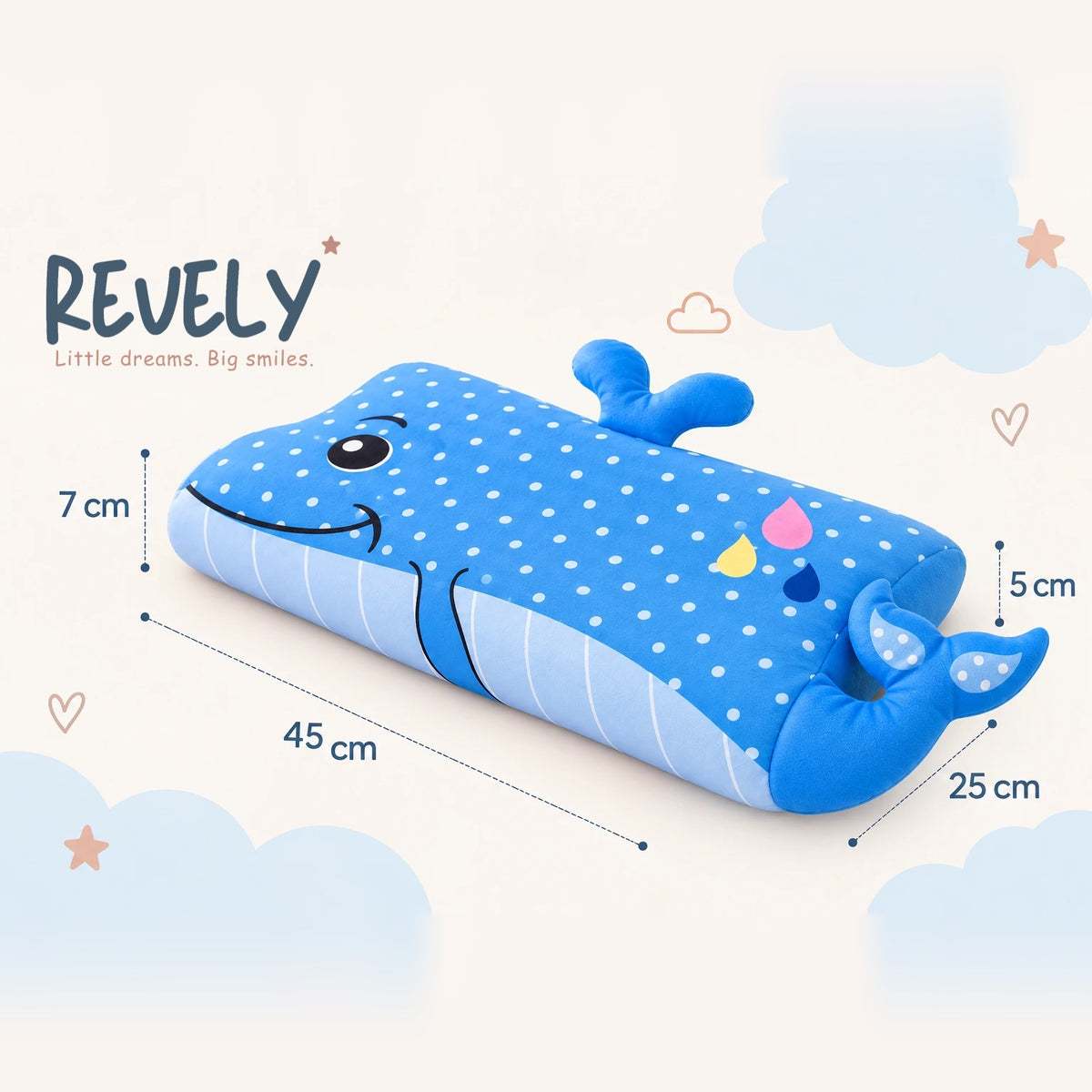 Dimensions de l'oreiller DREAMWHALE™ : 45 × 25 cm, un côté de 7 cm et un côté de 5 cm de haut
