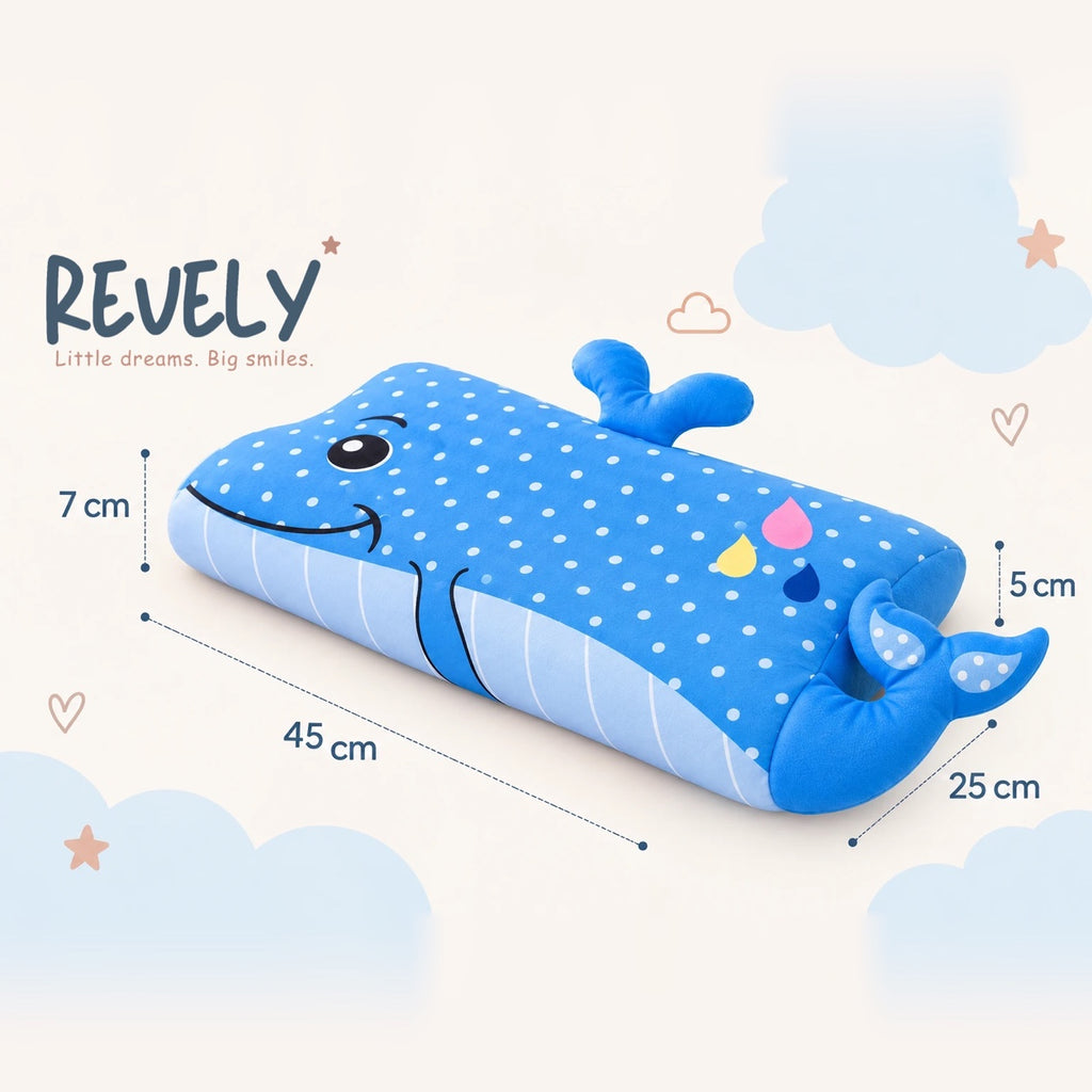 Dimensions de l'oreiller DREAMWHALE™ : 45 × 25 cm, un côté de 7 cm et un côté de 5 cm de haut