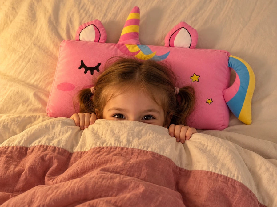 Une petite fille cachée sous sa couette, la tête sur son oreiller licorne DREAMZOO