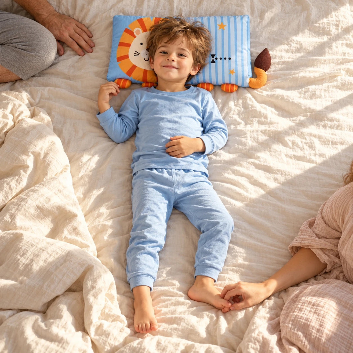 Un petit garçon allongé sur son oreiller lion DREAMZOO, entouré des mains de ses parents