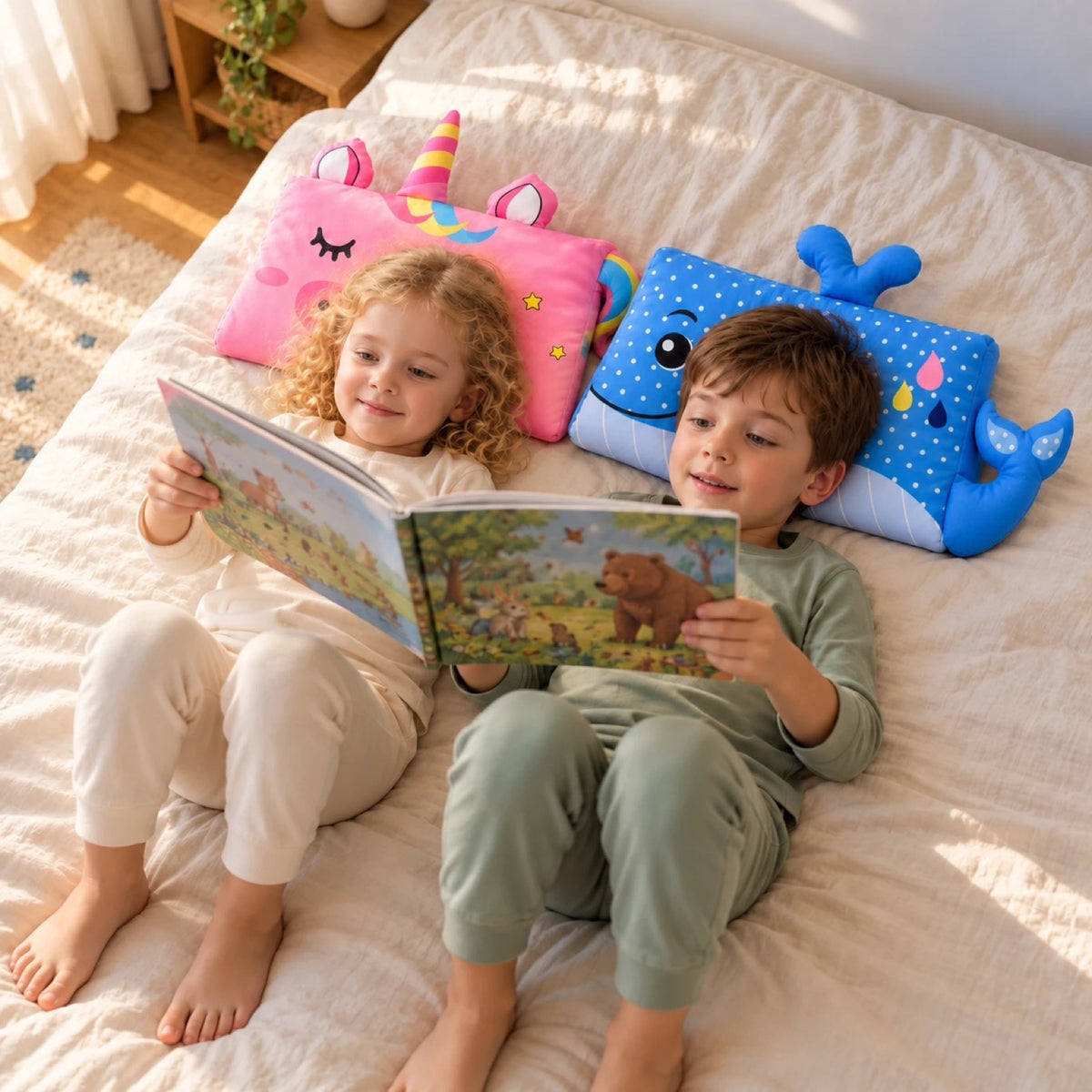 Un frère et une sœur lisent un livre, allongés sur leurs oreillers DREAMZOO licorne et baleine