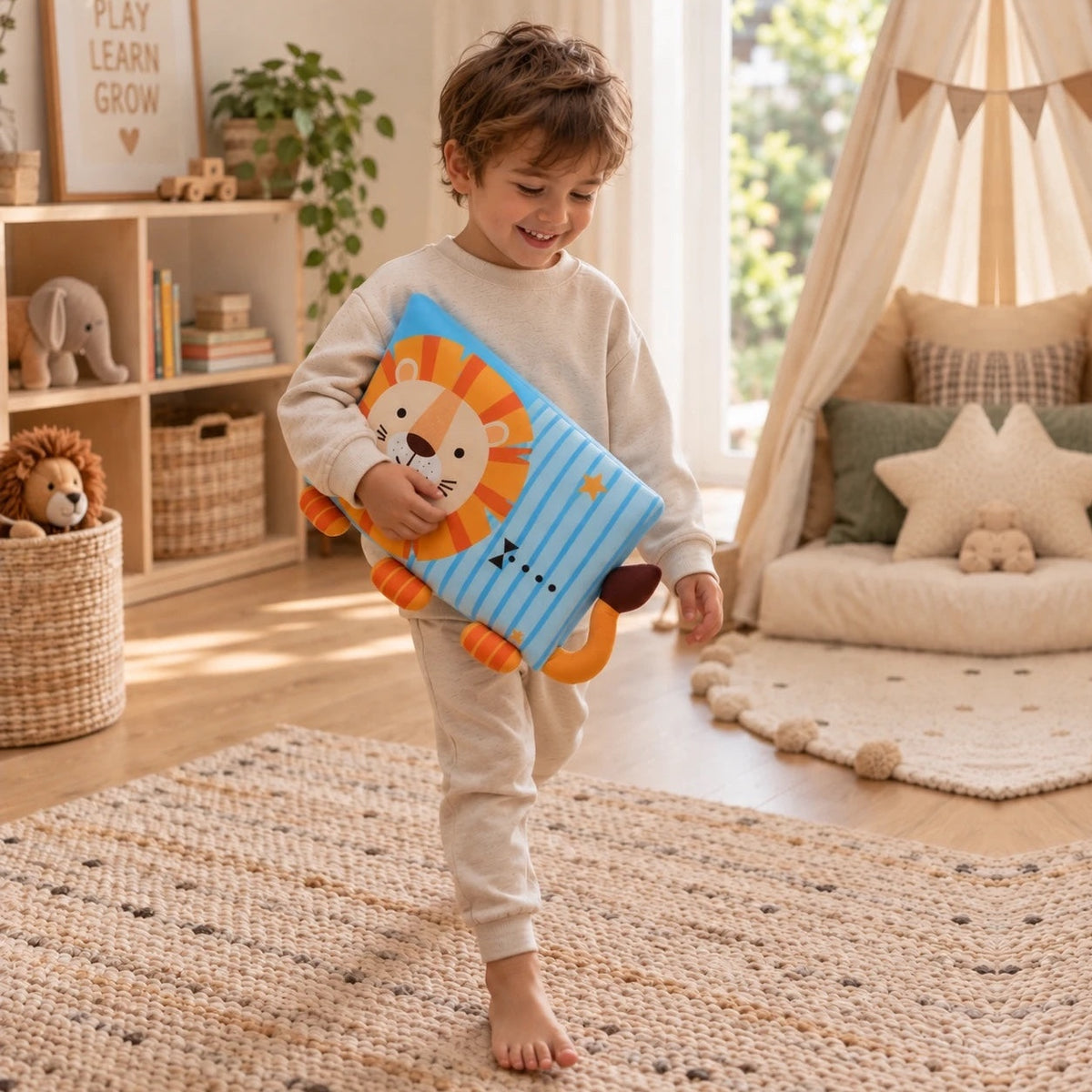 Un enfant souriant emporte son oreiller DREAMLION dans sa chambre