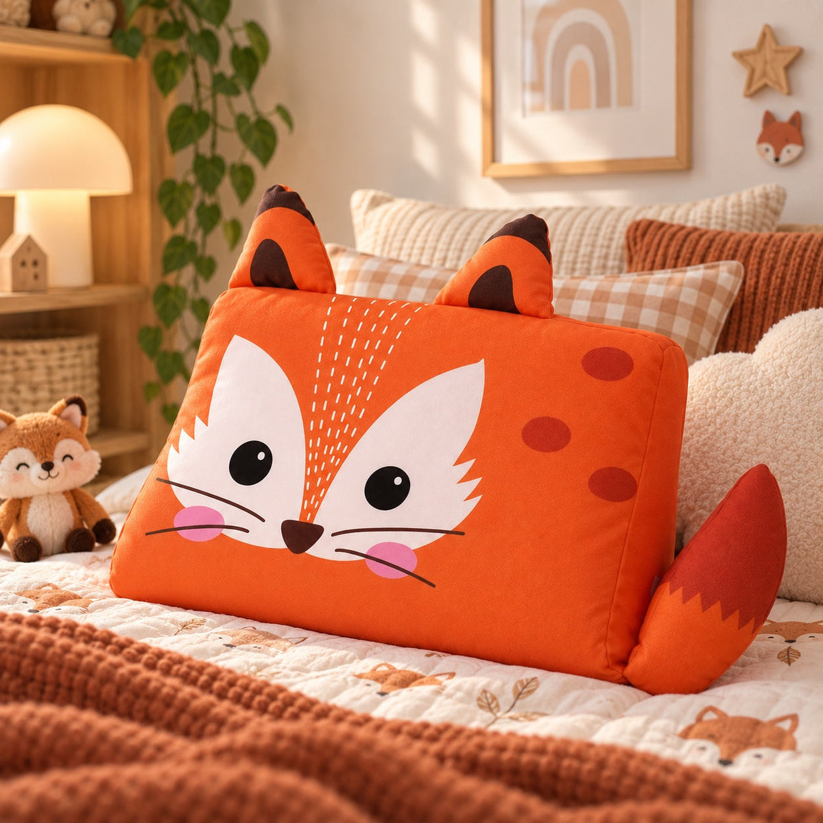 Oreiller enfant DREAMFOX en forme de renard orange, posé sur un lit dans une chambre douce