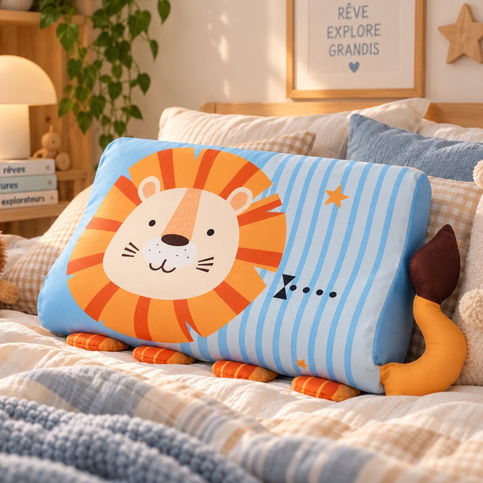 Oreiller enfant DREAMLION en forme de lion, rayures bleues, posé sur un lit