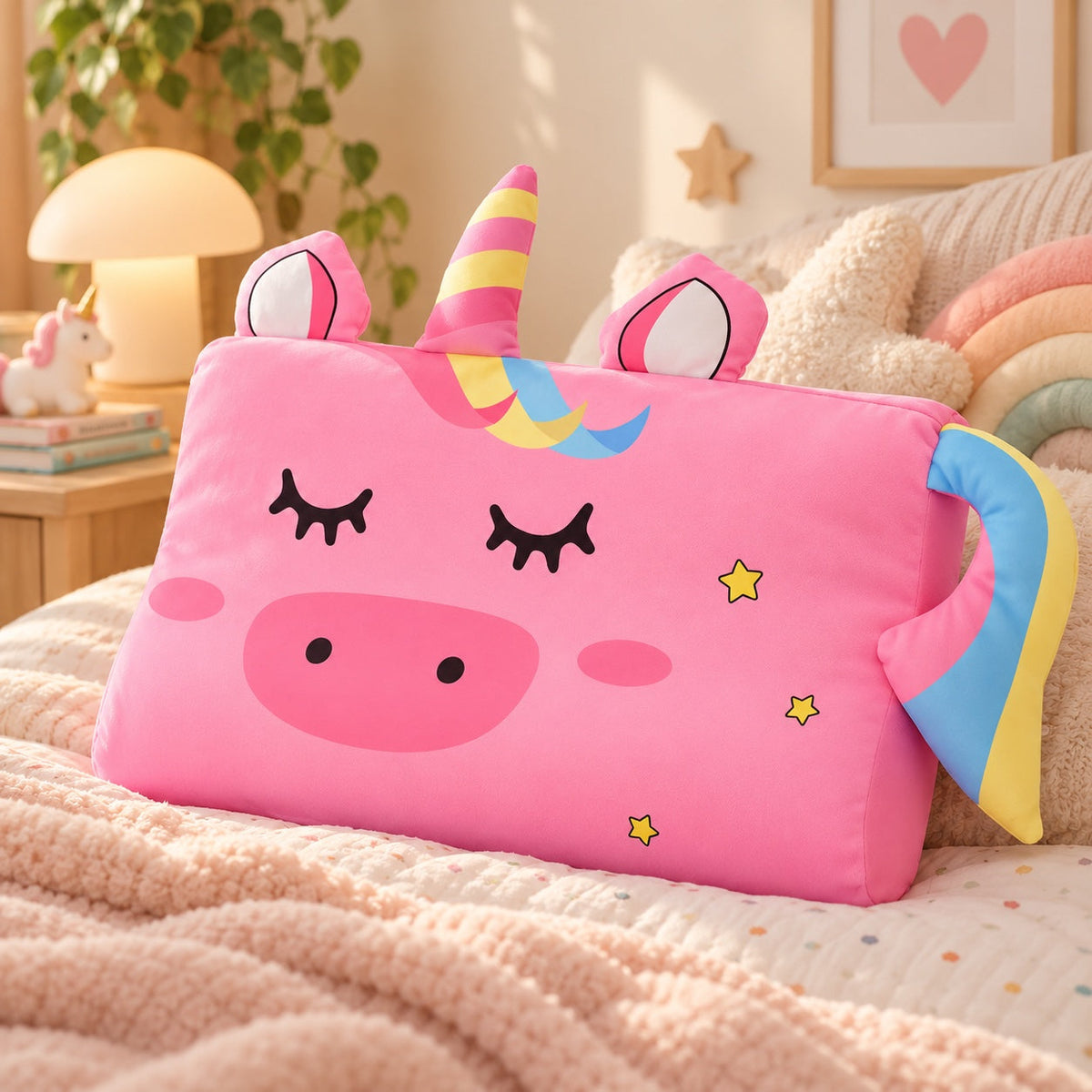 Oreiller enfant DREAMUNICORN en forme de licorne rose, posé sur un lit