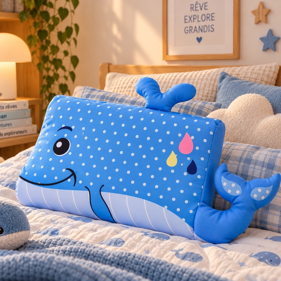 Oreiller enfant DREAMWHALE en forme de baleine bleue à pois, posé sur un lit