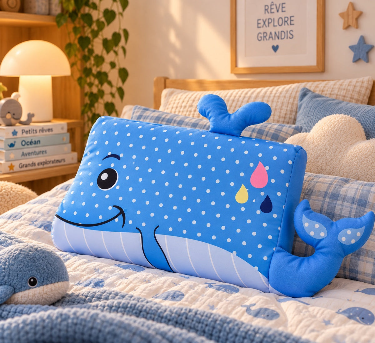 Oreiller enfant DREAMWHALE en forme de baleine bleue à pois, posé sur un lit