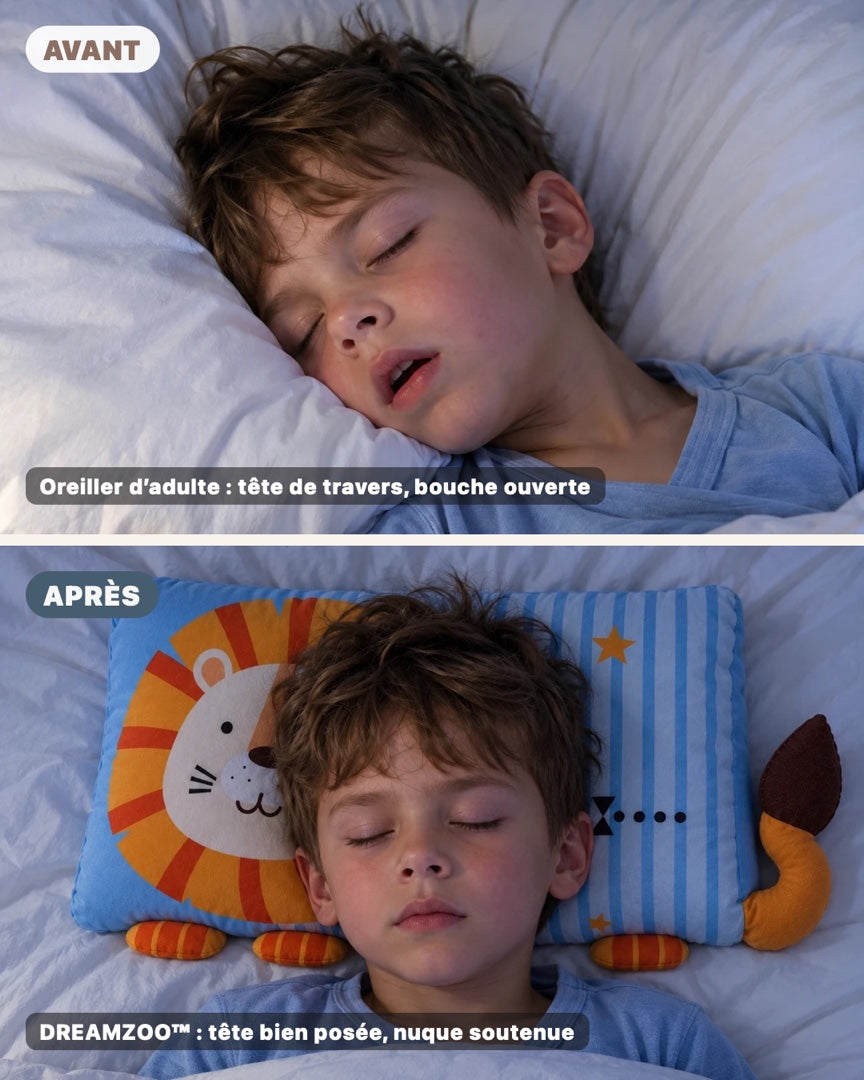 En haut, un enfant sur un oreiller d’adulte, la nuque pliée. En bas, le même enfant sur son oreiller DREAMZOO, la nuque droite.